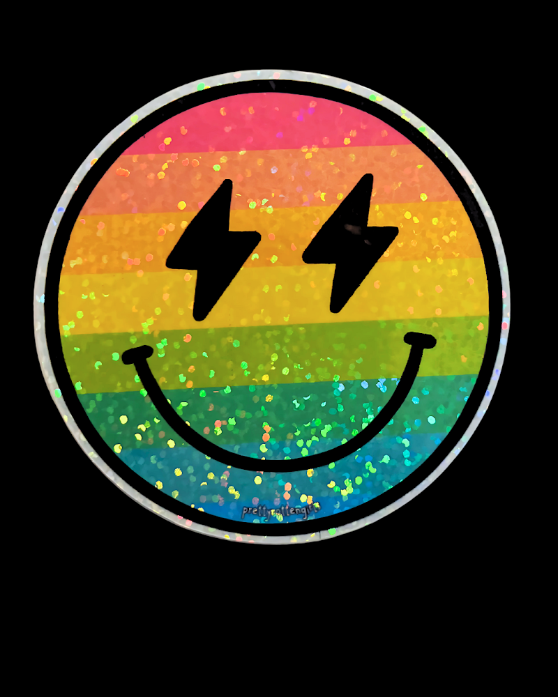 Rainbow Lightning Smiley Glitter Sticker | Y2K Holographic Vinyl Decal | Laptop, Water Bottle, Journal