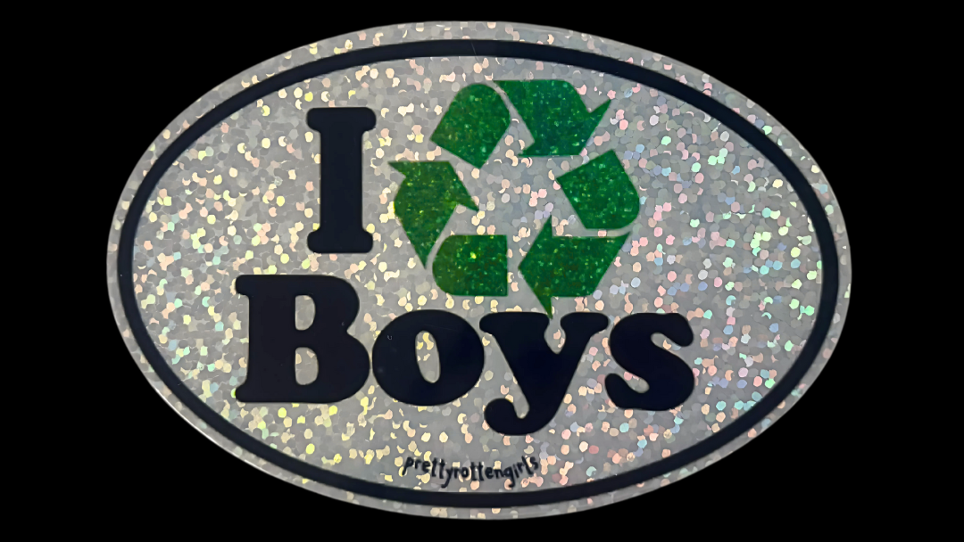 Oval-shaped decal with 'I ❤️ Boys' text on a reflective background