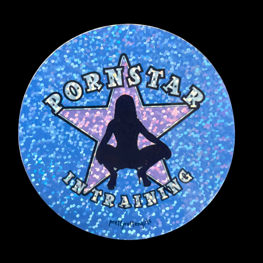 Circular sticker with star design and text on a blue glittery background