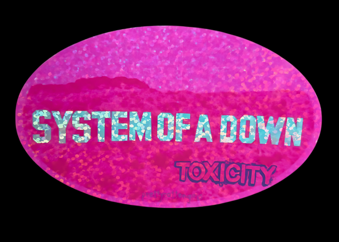 Album cover with 'System of a Down' and 'Toxicity' text on a pink and purple gradient background