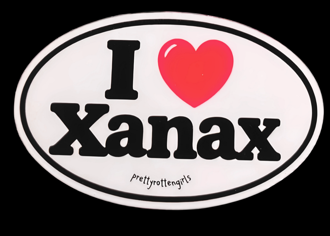 I Love Xanax Sticker | Funny Vinyl Oval Decal | Black and White Humor Laptop Water Bottle Sticker