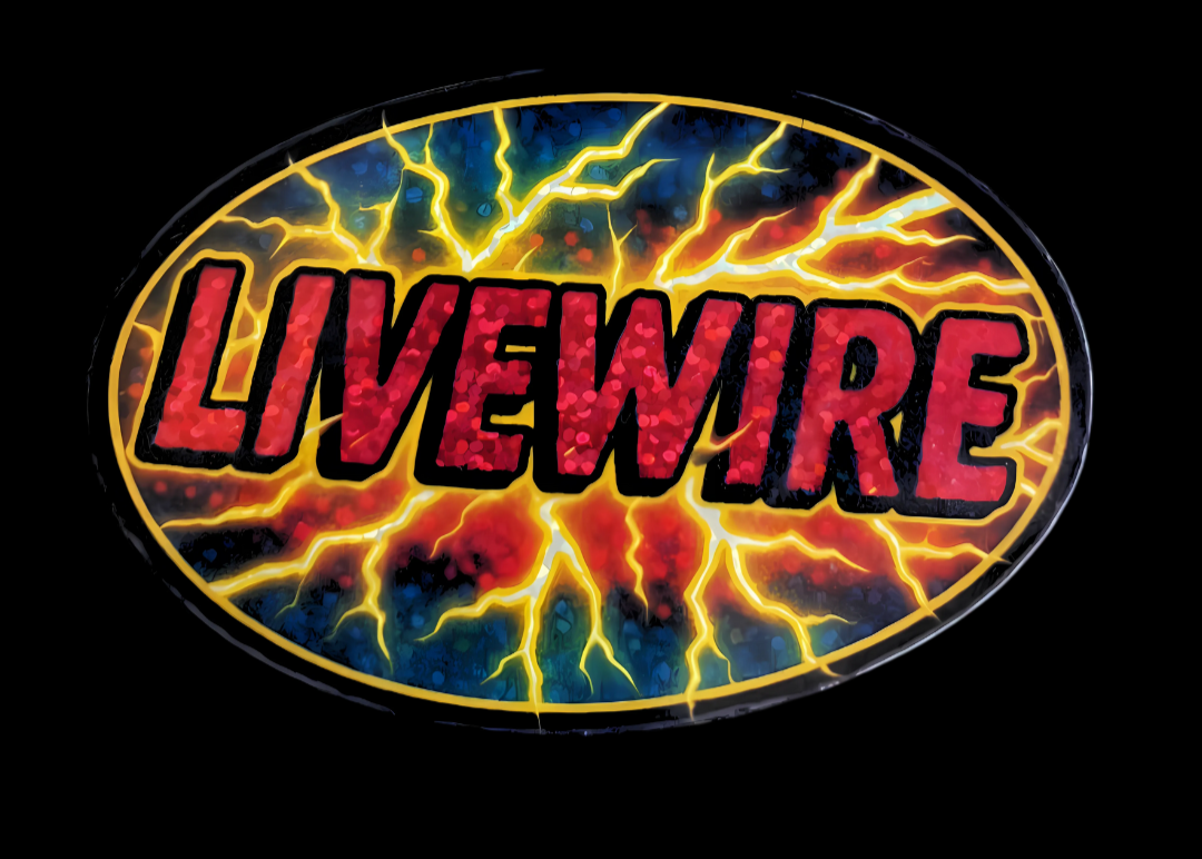 Oval-shaped 'LIVEWIRE' logo with fiery design on a black background