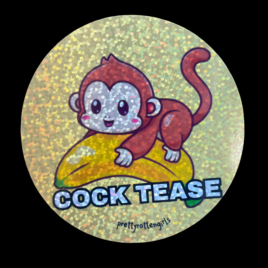 Circular sticker with cartoon monkey and 'COCK TEASE' text on a yellow background